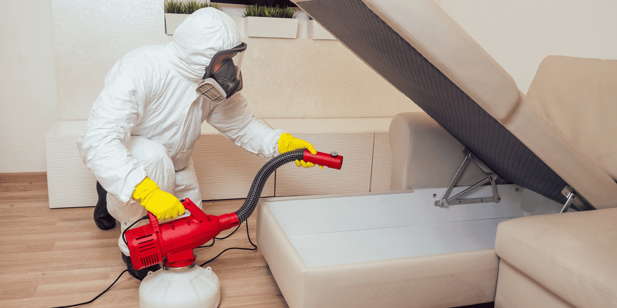 Profissional Araújo com EPI completo aplicando dedetização em sofá residencial