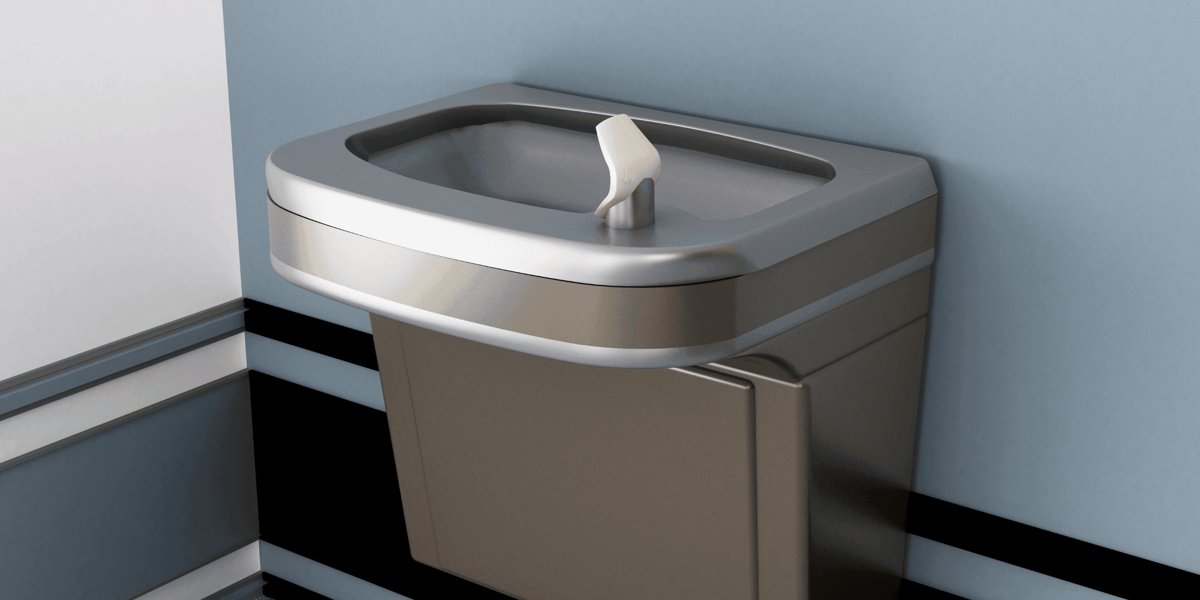Bebedouro escolar de aço inox em parede com listras