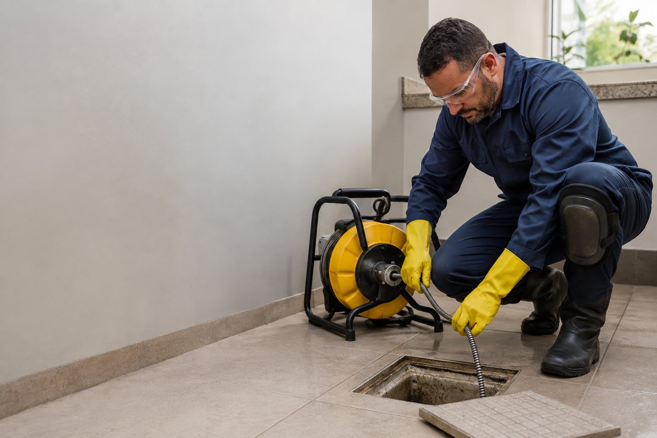 Técnico de uniforme e luvas de PVC operando equipamento rotativo de desobstrução em caixa de inspeção
